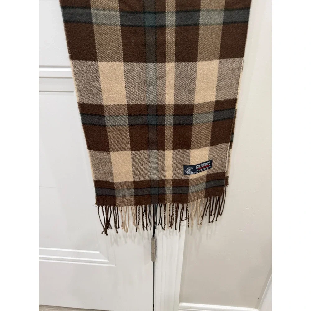 Brown Plaid Cashmere Blend Scarf Tan Grey Checkered Winter Fringe Wrap Accessory